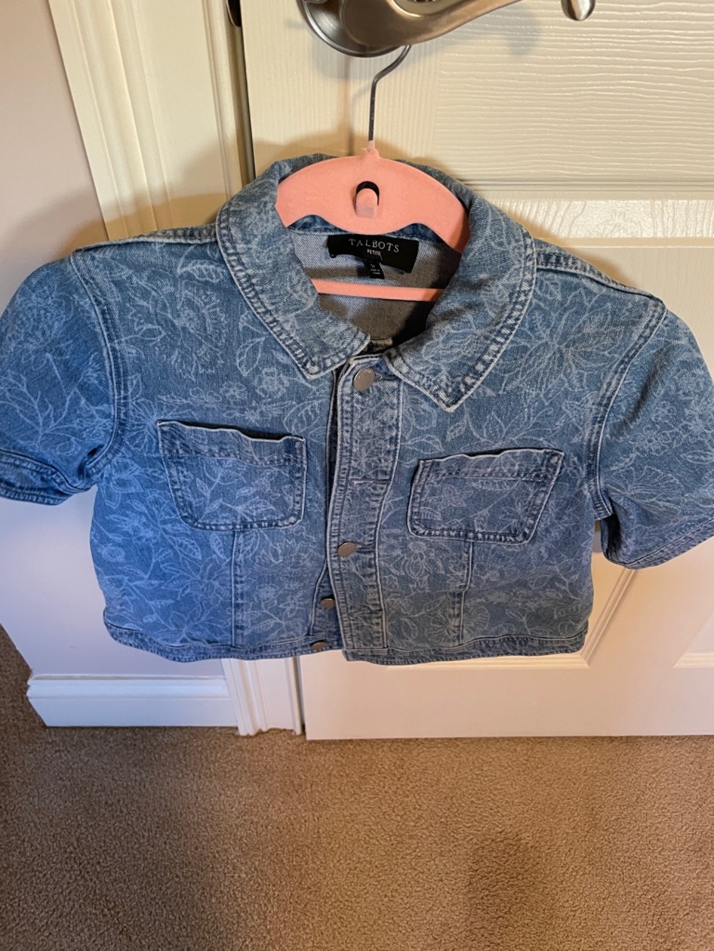 Talbots Blue Floral-Print Cropped Denim Jacket